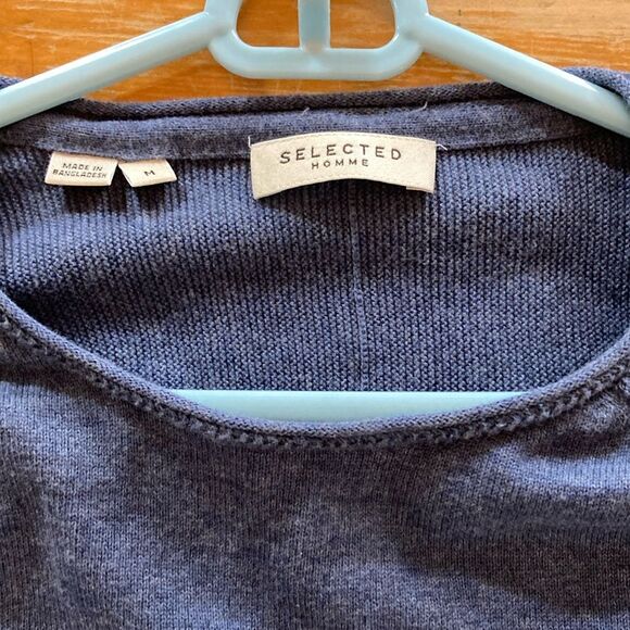 Selected Homme Men’s Tight Knit 100% Organic Cotton Blue Pullover Sweater Size M - Picture 3 of 8